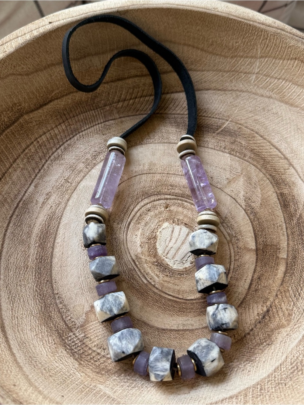 Boho Amethyst and Bone Bead Necklace - Purple